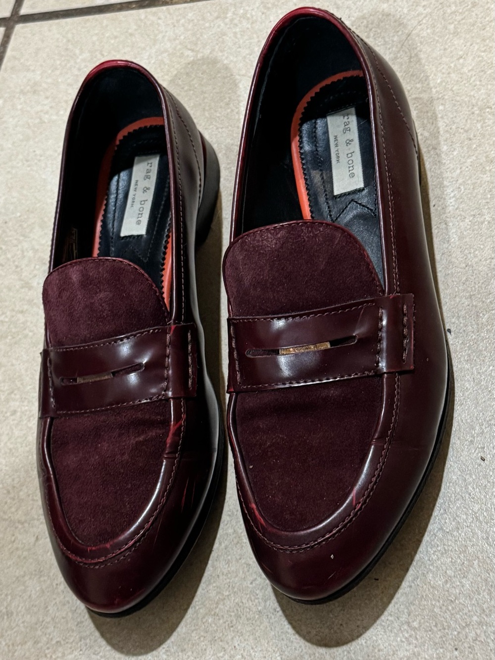 rag & bone Burgundy Leather and Suede Penny Loafers